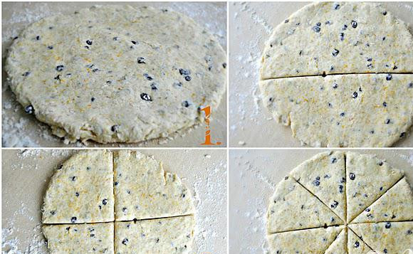 1. Этап. Апельсиново-смородиновые пирожные: 2. Выложить тесто на слегка посыпанной мукой поверхности. Аккуратно сформировать из теста круглый шарик. Сделать из шарика плоский круг толщиной 1 см. Разрезать его на 8 треугольников.