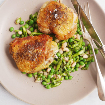 Garlicky Chicken Thighs with Asparagus, Pea, and White Bean Salad