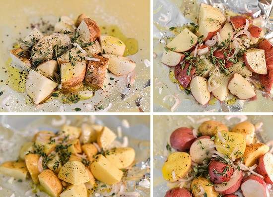 1. Этап. Картофель в фольге на гриле: 1. Вымойте как следует и нарежьте картофель. Выложите на 4 листа фольги. Добавьте оливковое масло, тимьян, измельченный шалот, соль, перец и сок лимона. Аккуратно перемешайте.