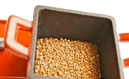 1. Этап. Гречка с лисичками в горшочках: В горшочки засыпаем гречку.