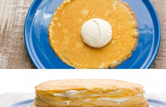 1. Этап. Блинный торт Пломбир: 4. Каждый блин обильно смажьте кремом и сформируйте торт.