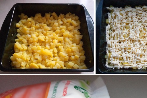 1. Этап. Салат Грибоза: Картошку отварить в мундире, очистить, нарезать мелким кубиком. Выложить первым слоем в посуду с высоким бортом (грибы и лук могут дать воду). Все слои обязательно приминать, так салат не будет рассыпаться при накладывании. Проткнуть крышку упаковки майонеза и нанести его сеточкой на картошку.