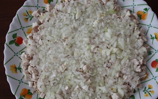 1. Этап. Салат с куриным филе и ананасами: 2. Очистите и измельчите луковицу. Можно ошпарить лук кипятком, замариновать его в уксусе или в соке лимона, например. Выложите поверх курицы.