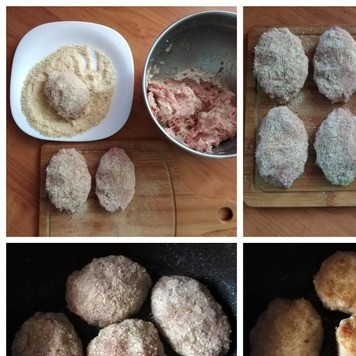 1. Этап. Школьные котлеты в тесте: Лепим котлеты. У меня получилось 7 шт ~75 г каждая. Обваливаем котлеты в панировочных сухарях и начинаем их жарить. В разогретое масло выкладываем котлеты и обжариваем их до готовности с обеих сторон. Готовы.