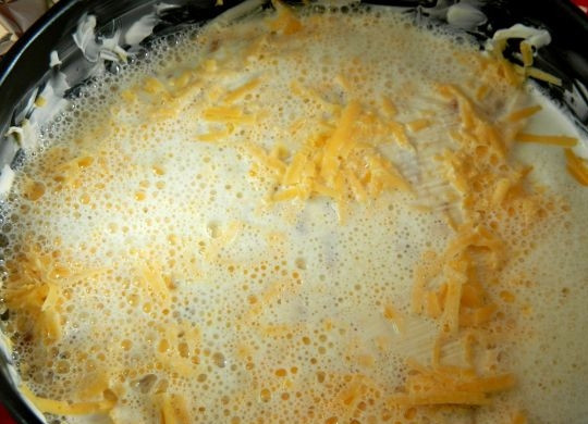 1. Этап. Лаваш с сыром в мультиварке: 5. В миску вливаю молоко, вбиваю яйца и миксером перемешиваю. Заливаю полученной массой лаваш с сыром, посыпаю его остатками сыра.