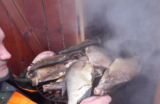 1. Этап. Лещ копченый: 4. После этого рыбу можно отправлять в коптильню. Коптить леща можно горячим или холодным способом. Я коптила горячим способом и у мня на этот процесс ушло 4 часа. Для копчения лучше всего использовать дрова ольхи, вишни или яблони.