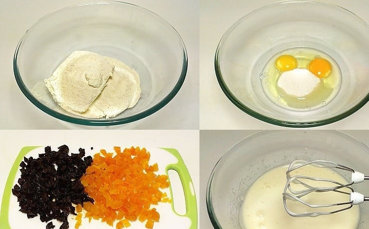 1. Этап. Творожная запеканка с сухофруктами: 1. В одной емкости соедините творог, манную крупу и ванилин, тщательно перемешайте. Сухофрукты мелко нарежьте. Яйца взбейте с сахаром до полного его растворения, при помощи миксера.