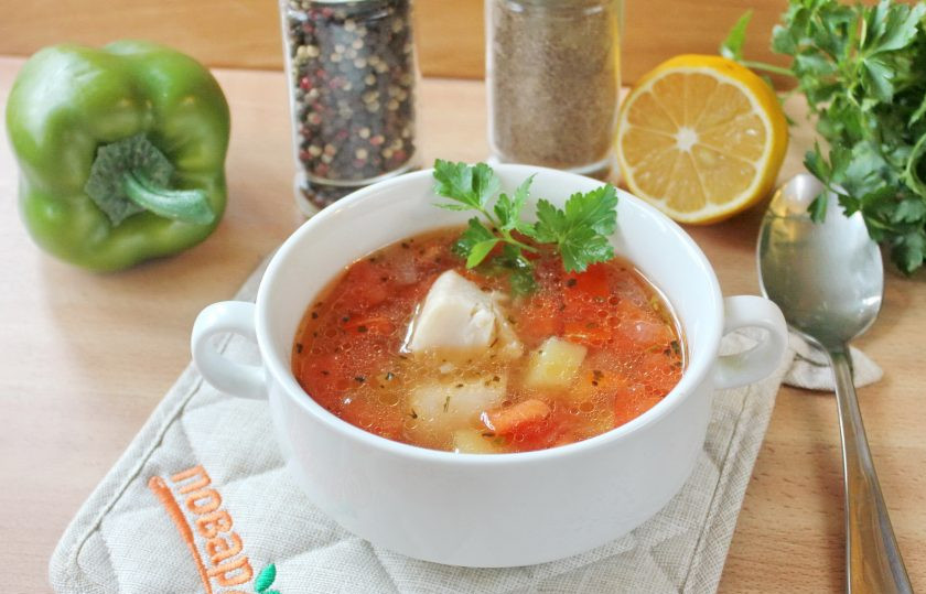 1. Этап. Тунисский суп: Тунисский суп готов. При подаче в каждую тарелку выложите кусочки рыбы.