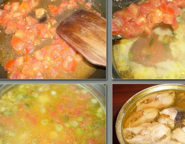 1. Этап. Суп из консервы сайры: Помидоры тушим на сковороде 3-4 минуты. Корень петрушки натрите на терке и добавьте к помидорам. Затем добавляем овощи в кастрюлю. Открываем консерву.