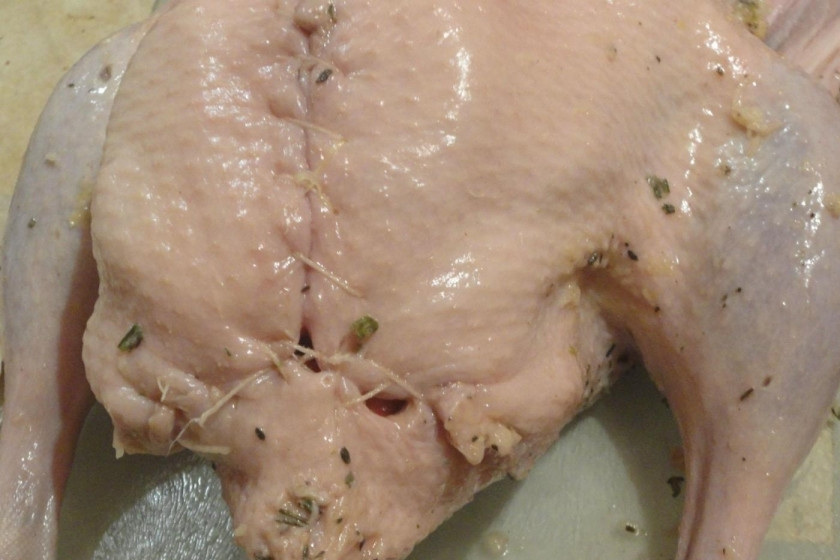 1. Этап. Рождественский гусь с яблоками: 11. Натуральной ниткой туго зашиваю нижнюю часть гуся, крылья также пришиваю или прикрепляю с помощью зубочисток.