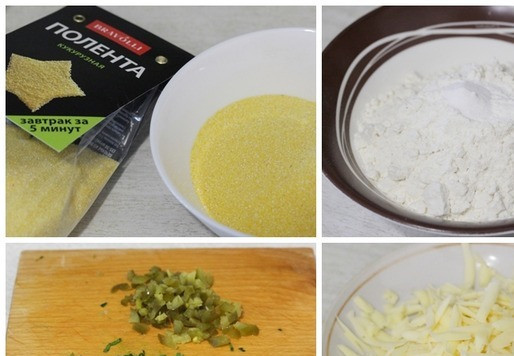 1. Этап. Кукурузные маффины с халапеньо: Отмерить кукурузную поленту (ТМ Bravolli!). Пшеничную муку просеять с содой и разрыхлителем и тщательно перемешать. Сыр натереть на крупной тёрке, халапеньо и петрушку мелко нарезать.