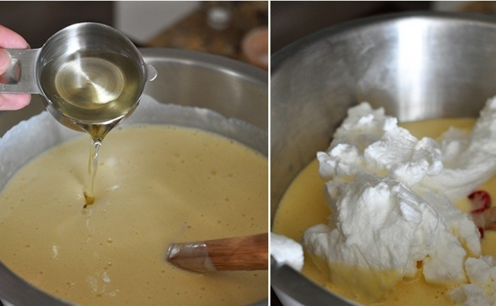 1. Этап. Заварной кулич: 10. В опару слейте растительное масло и добавьте белки. Аккуратно перемешайте.