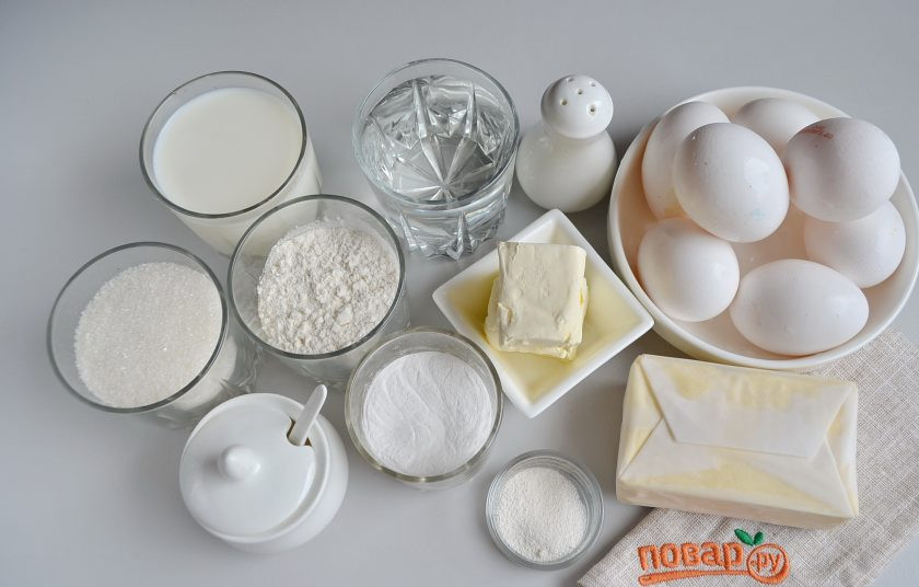 1. Этап. Торт Карпатка с заварным кремом: Подготовьте продукты для коржей и крема, все будем делать одновременно.