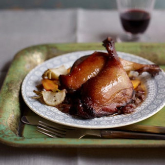 Crispy Duck Legs with Toasted Hazelnut and Garlic Sauce