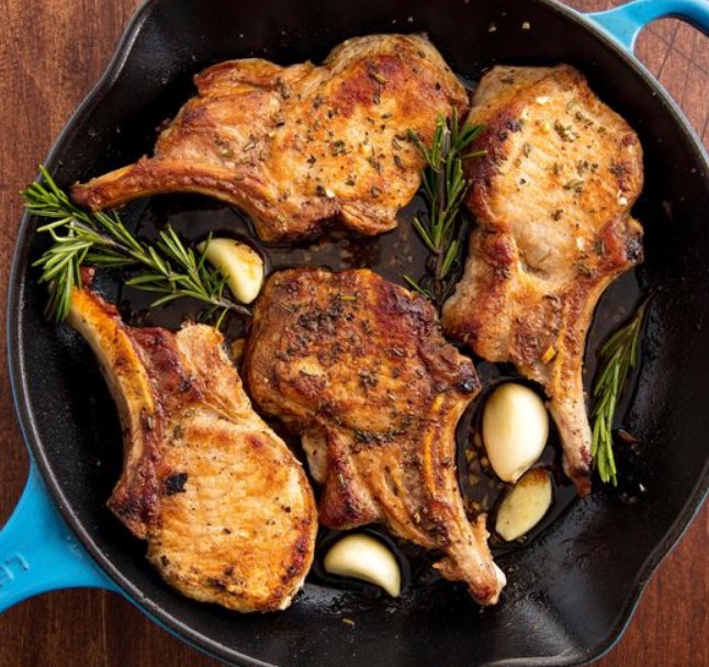 1. Stage. Garlic Rosemary Pork Chops: Place skillet in oven and cook until cooked through (145° for medium), 10-12 minutes. Serve with more garlic butter.