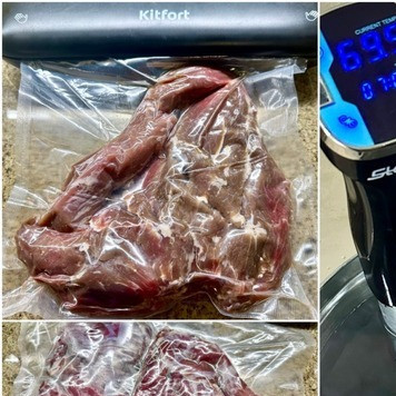 1. Этап. Свинина су вид: Потом пакеты завакумировал и «под су вид». Т-ра 70 градусов, время 7 часов. В идеале т-ра внутри кусков мяса должна быть 68 градусов. Замерять мне было лень, но мясо, в итоге, было совершенно готово.