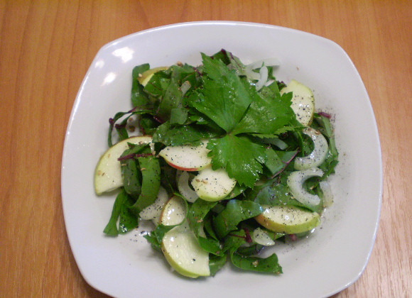 1. Этап. Сыроедческое блюдо из свекольной ботвы: Добавляем соль, специи и поливаем оливковым маслом. Салат готов!