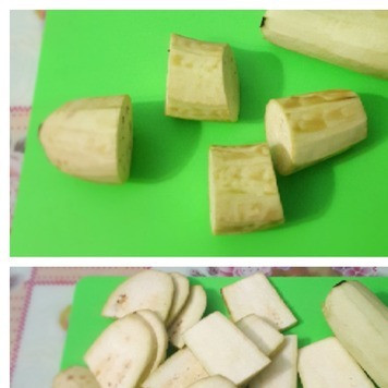 1. Этап. Закуска из перца и баклажанов: Баклажаны очистить, разрезать на 3 или 4 части, затем нарезать на тонкие (2-4 мм) ломтики. У меня вес очищенных баклажанов 400 грамм.