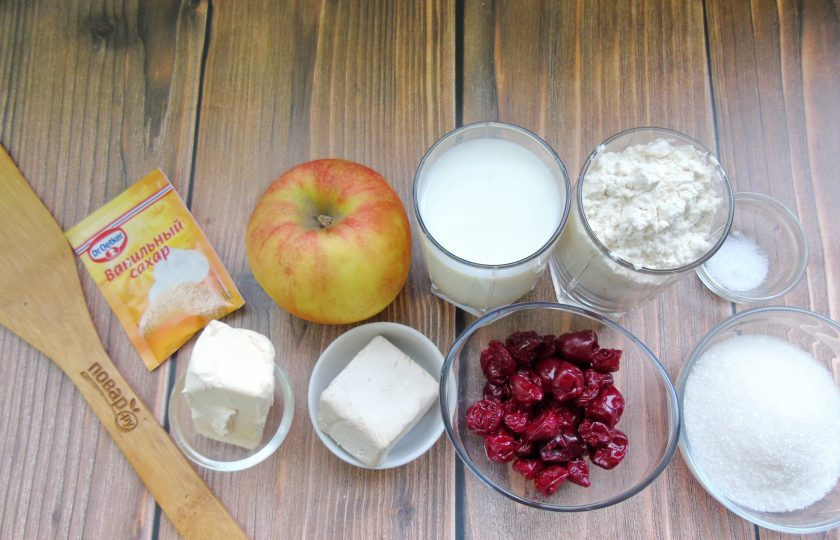 1. Этап. Пирожки с яблоками и вишней: Подготовьте ингредиенты для приготовления пирожков.