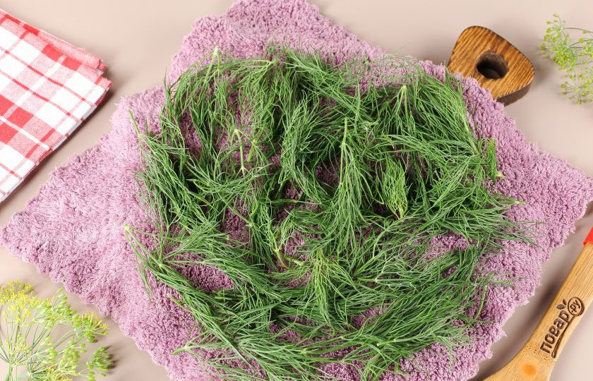 1. Этап. Заморозка укропа на зиму: Теперь укроп нужно обязательно подсушить. Именно благодаря этому, замороженный укроп не будет слипаться, а останется таким же рассыпчатым как и свежий. На стол или доску выложите бумажное или любое чистое полотенце. Можно оставить укроп на часок или сверху накрыть другим полотенцем и хорошо промокнуть несколько раз, чтобы впиталась лишняя влага.