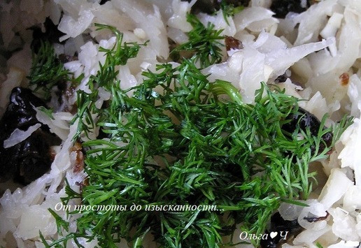 1. Этап. Салат из квашеной капусты с черносливом: Затем укроп.