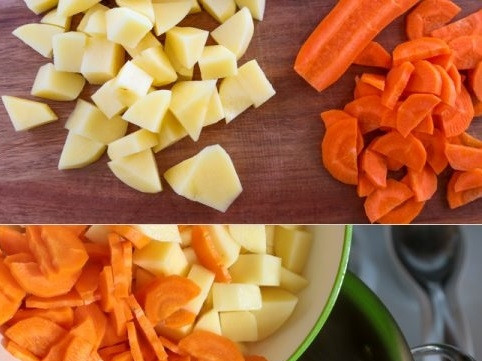 1. Этап. Гороховый суп: 2. Часа через полтора очистите и нарежьте средними кубиками картофель и половину моркови. Выложите в кастрюлю и варите минут 15.