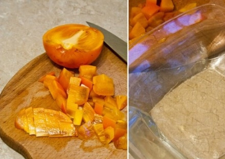 1. Этап. Панна-котта диетическая: Желатин замочите в холодной воде на 15 минут. Хурму нарежьте небольшими кусочками.