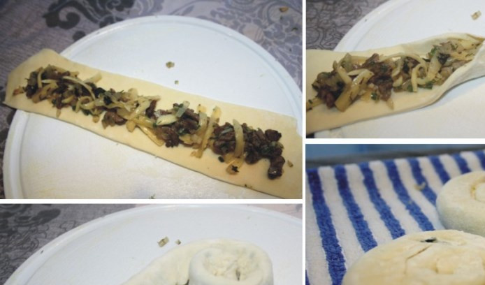 1. Этап. Пирожок с бараниной: Тесто можно приобрести готовое, либо приготовить по своему рецепту. Раскатайте его в пласт толщиной около 4 мм. Порежьте полосками длиной 15-20см, шириной 4-5 см. На каждую полоску выложите начинку, защипните края и сверните спиралью.