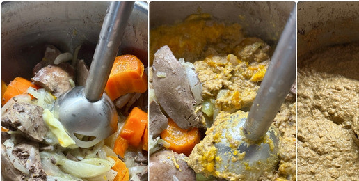 1. Этап. Паштет из индюшачьей печени: И, в той же кастрюле, погружным блендером превратил печень и овощи в паштет. Просто напомню. Лаврушку стоит убрать из кастрюли. Совсем.