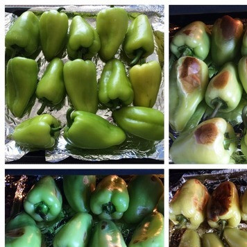 1. Этап. Печеный болгарский перец с томатной подливой: Моем перцы, укладываем их на противень, застеленный фольгой. Отправляем перцы выпекаться в разогретую духовку до 180 градусов, на моем противне поместилось 13 крупных и мясистых перца. Следим за духовкой, периодически переворачиваем для равномерного выпекания. У меня это заняло минут 25.