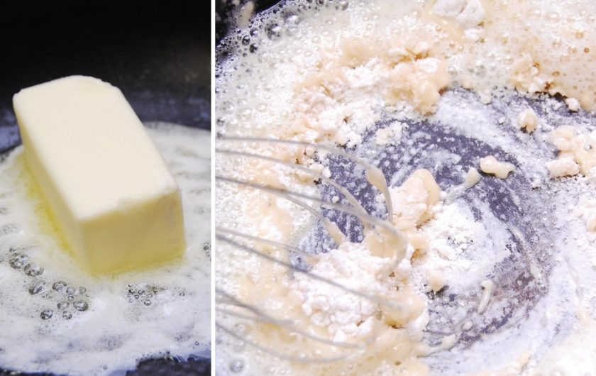 1. Этап. Тыквенные макароны: 2. Тем временем на сковороду выложите 150 гр сливочного масла. Добавьте муку. Перемешивайте продукты до соединения. Затем влейте молоко. Доведите смесь до кипения, помешивая её.