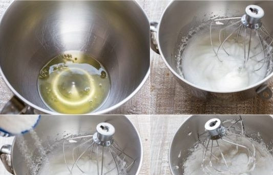 1. Этап. Печенье Ракушки с меренгой: 2. В сухой чистой миске сделайте меренгу: на высокой скорости, с помощью миксера, взбейте три белка и 3/4 стакана сахара. Взбейте белки до устойчивых пиков.