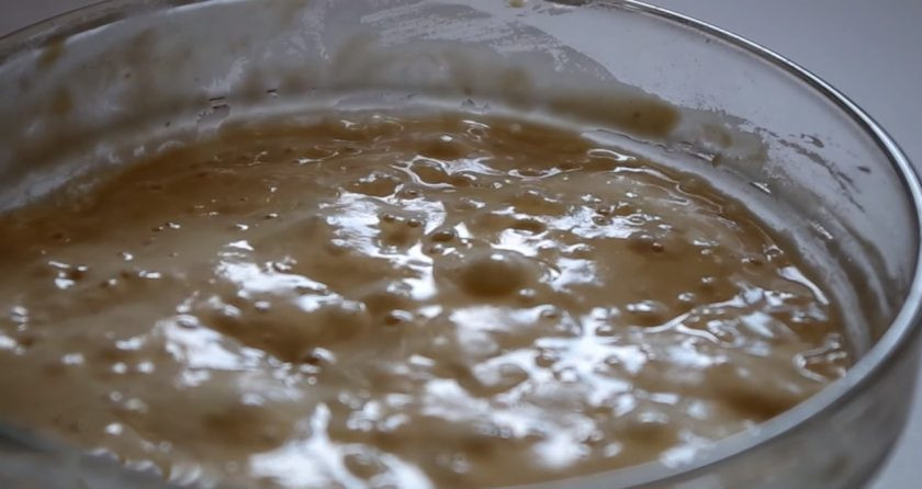 1. Этап. Французская булка на закваске: В глубокую мисочку налейте 100 грамм теплой воды и распустите стартер, добавьте 100 грамм белой муки. Перемешайте до однородности и оставьте на 10-12 часов при комнатной температуре.