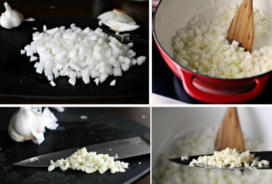 1. Этап. Лазанья Барилла: 1. Очистите и нарежьте мелкими кубиками луковицу. Выложите её на сковороду с небольшим количеством растительного масла, обжарьте до прозрачности. Очистите и измельчите чеснок. Добавьте его к луку, жарьте 3-4 минуты, периодически помешивая.