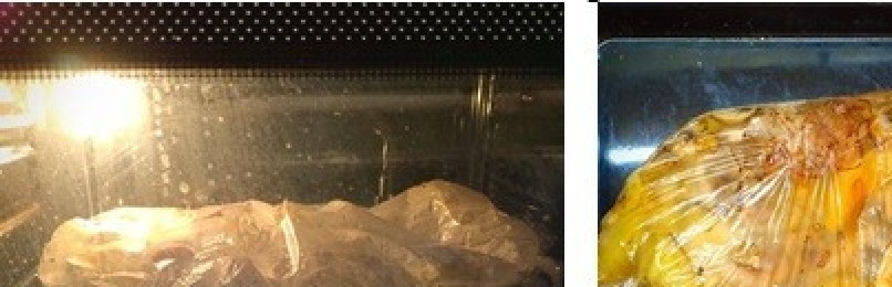 1. Этап. Кролик под соусом, запечённый в пакете: Запекать кролика в духовке при температуре 190С в течение 80мин. Затем достать его из духовки, дать постоять 10-15мин, не вскрывая.