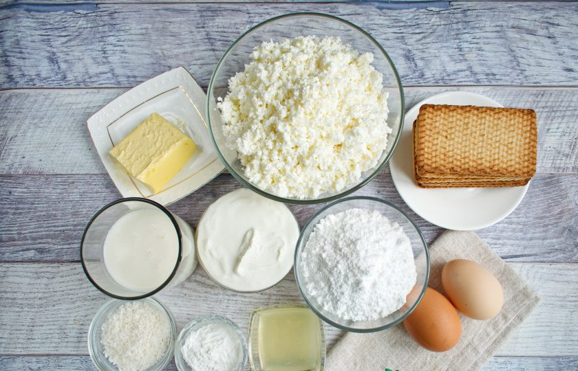1. Этап. Кокосовый чизкейк: Подготовьте необходимые продукты.