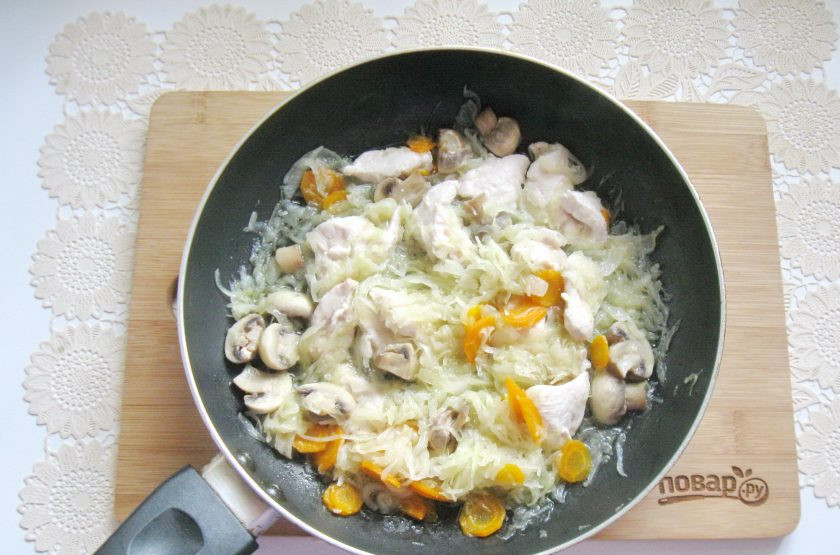 1. Этап. Капуста тушеная с курицей и грибами: Снова накройте сковороду крышкой и тушите еще 10-12 минут.