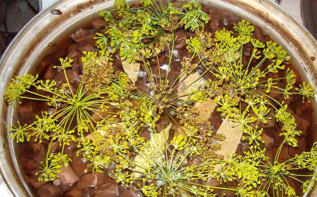 1. Этап. Сморчки маринованные: Варим грибы в третий раз и добавляем: лавровый лист, соль, перец горошком, зонтики укропа, гвоздику.