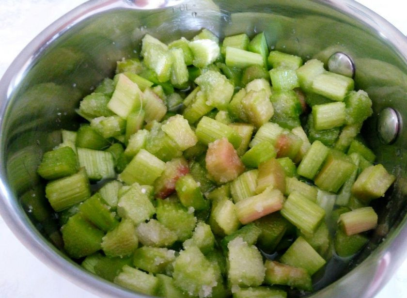 1. Этап. Мармелад из ревеня: Поместите в ковш или небольшую кастрюльку подготовленные кусочки ревеня, влейте воду, всыпьте сахар, перемешайте массу. Медленно нагревайте содержимое ковша, периодически перемешивая ложкой, чтобы сахар растворился.