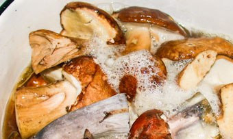 1. Этап. Маринованные белые грибы с корицей: 2. Отвариваем грибы в подсоленной воде с приправами. Первый бульон сливаем, заливаем второй водой и варим около часа. Спустя это время сливаем воду и откидываем грибы на дуршлаг. Даем остыть.