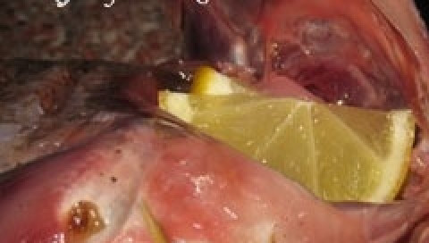 1. Этап. Лещ с грибами: 8. Затем я обычно беру лимон, режу его полукольцами и две дольки кладу лещу за жабры. Лимон блюду придаёт лёгкую кислинку, которая только улучшает вкус рыбы.