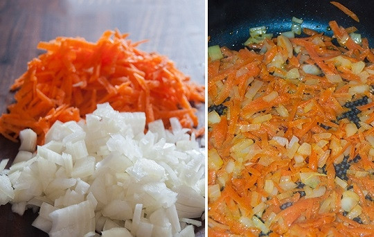 1. Этап. Самый вкусный борщ: Шаг 4. Лук с морковью очистите, измельчите и обжарьте на сковороде с небольшим количеством растительного масла.