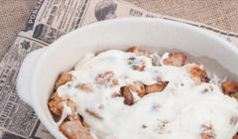 1. Этап. Мясо по-французски с соусом бешамель: Берем форму для запекания. На дно укладываем лук, затем — кусочки мяса, смазываем его соусом 