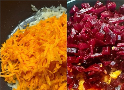 1. Этап. Борщ. Два пути: Морковку одну натёр на крупной терке и к луку ее - в сковороду. Как только морковка притомится слегка туда же и свёклу.