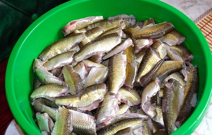 1. Этап. Котлеты из плотвы: Помойте плотву, выпотрашите каждую рыбку, отрежьте головы.