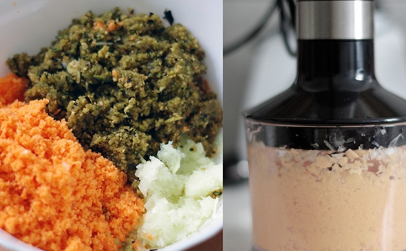 1. Этап. Оладьи из баклажанов: 2. Овощи нужно измельчить. Можно сделать это с помощью блендера или терки, например.