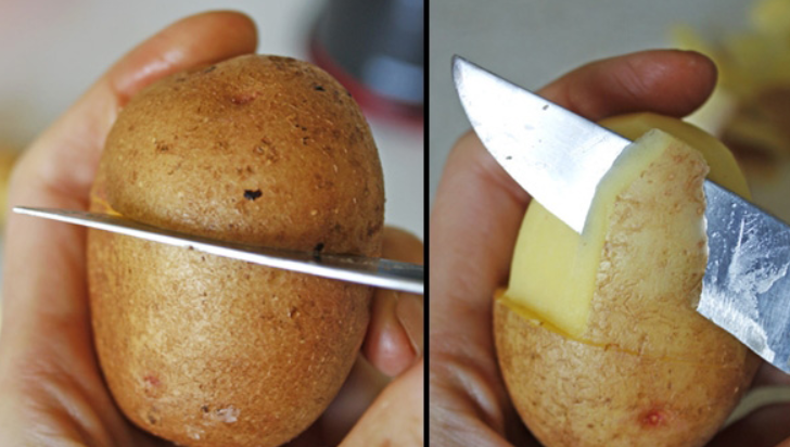 1. Этап. Грибочки из картошки: Картофель тщательно промываем. Острым ножом делаем по кругу ровный надрез, глубиной в 1 см. В месте, где будет ножка картофеля, очищаем кожуру.