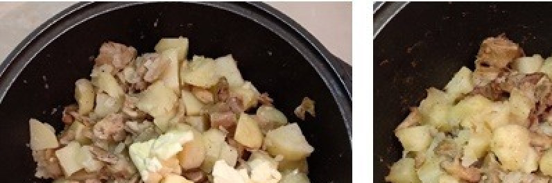 1. Этап. Картошка с вешенками, томленая в духовке: Затем в картофель добавить сливочное масло, аккуратно все перемешать и поставить в духовку еще на 15мин чтобы картошка зарумянилась. Духовку выключить, крышку плотно закрыть и дать постоять 10-15мин.