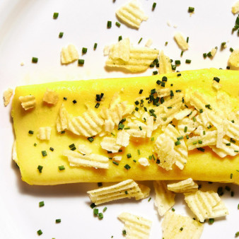“The Bear” Boursin Omelet With Sour Cream & Onion Potato Chips
