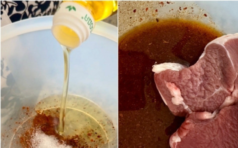 1. Этап. Баранина жареная «на» и «в» решетке: Мяса примерно граммов семьсот получилось. Взял я две трети чайной ложки сухой красной аджики, ложку чайную с верхом паприки, столько же соли. И ложки три с половиной растительного масла. Всё хорошо перемешал и мясо в этом, так сказать, маринаде, тщательно вывозил.